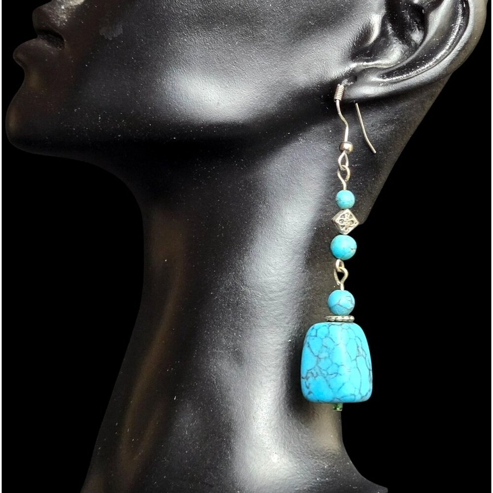 Turquoise Beaded Dangle Fashion Earrings Silver-tone Accents 2.5" Drop Western